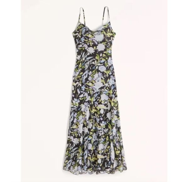 Abercrombie & Fitch Black Floral Cowl Neck Maxi Flowy Dress Size Medium - Picture 8 of 8